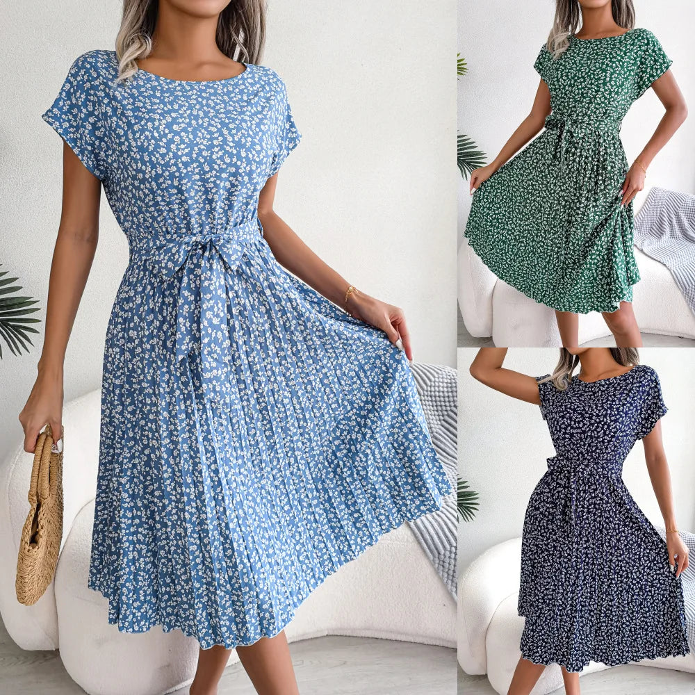 Women Spring Summer Short Sleeve High Waist Chic Dress Fashion Floral Pleated A Line Long Dress - Seprincess