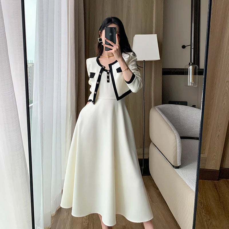 Elegant 2-Piece Dress Set for Lady Short Coat A-Line Midi Camisole Dresses Slim Korean Fashion Female Suit Spring Autumn New - Seprincess