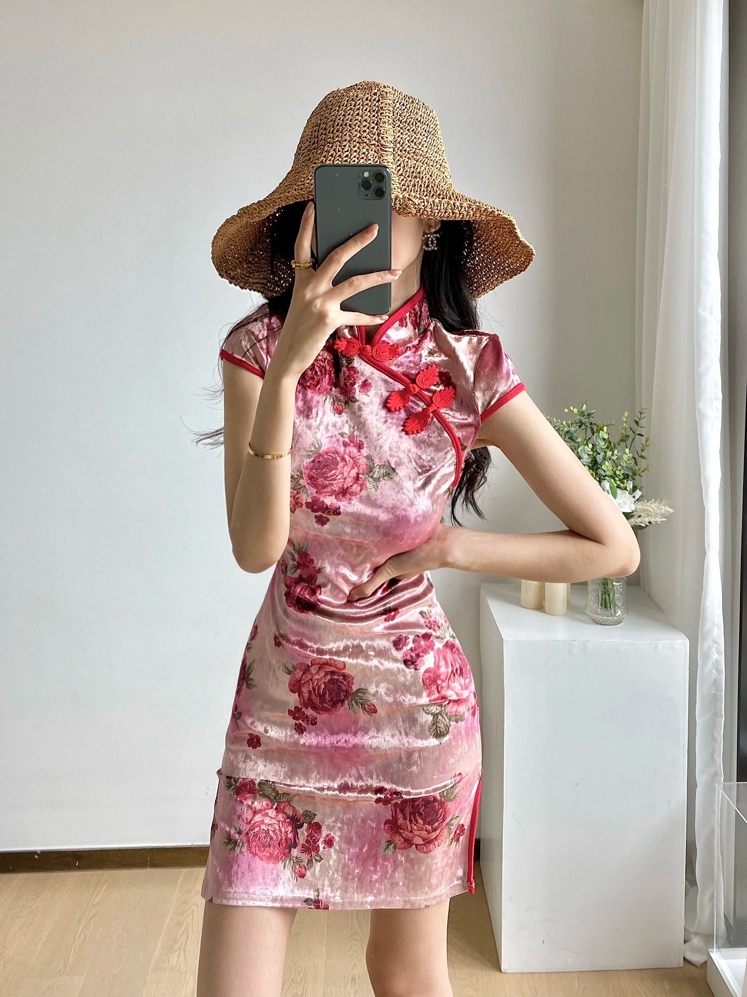 Chinese Dress Pink Sexy Qipao Dresses Cheongsam Dress Velvet Retro Printed Cheongsams Mini Qipao China Dress Robe Chinoise - Seprincess