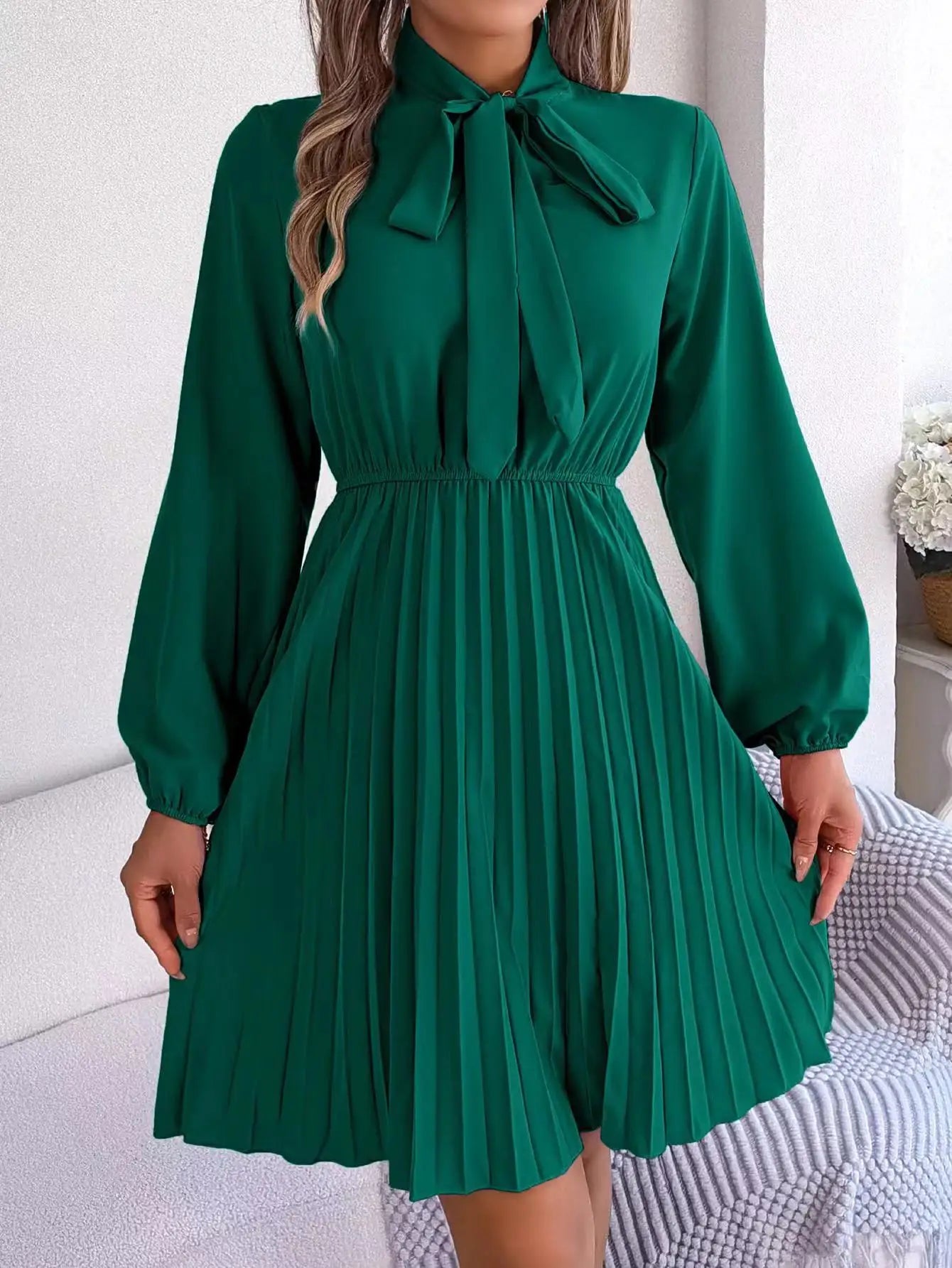 2024 Women's Dresses New in Spring Summer Autumn Winter New Fashion Pure Color Lace Up Long Sleeve Elastic Waist Party Pleated - Seprincess