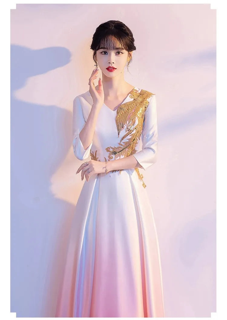 Fashion Gradient Evening Party Dress Cheongsam Sexy V-Neck Long Vestidos Host Choir Performance Dresses Female Oversize Qipao - Seprincess