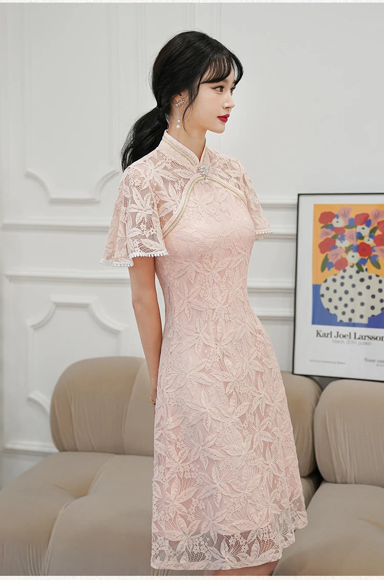 Chinese Traditiona Vintage Lace Improved Cheongsam Summer Short Sleeve Qipao Dress Modern Women Clothes - Seprincess