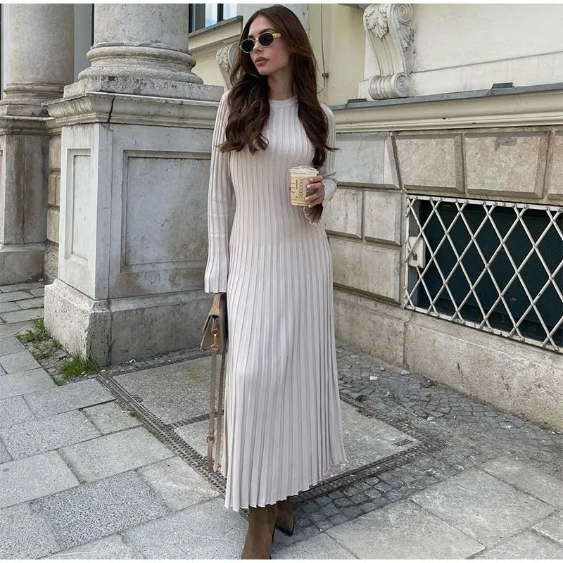 Women Elegant Solid Pleated Knitted Maxi Dress Casual Round Neck Long Sleeve Lace Up Dresses 2024 Autumn Lady High Street Robes - Seprincess