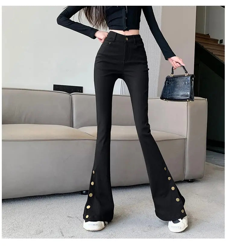 Micro-boot jeans brown buttoned design women's autumn and winter new high-waisted slim straight-leg floor mopping pants