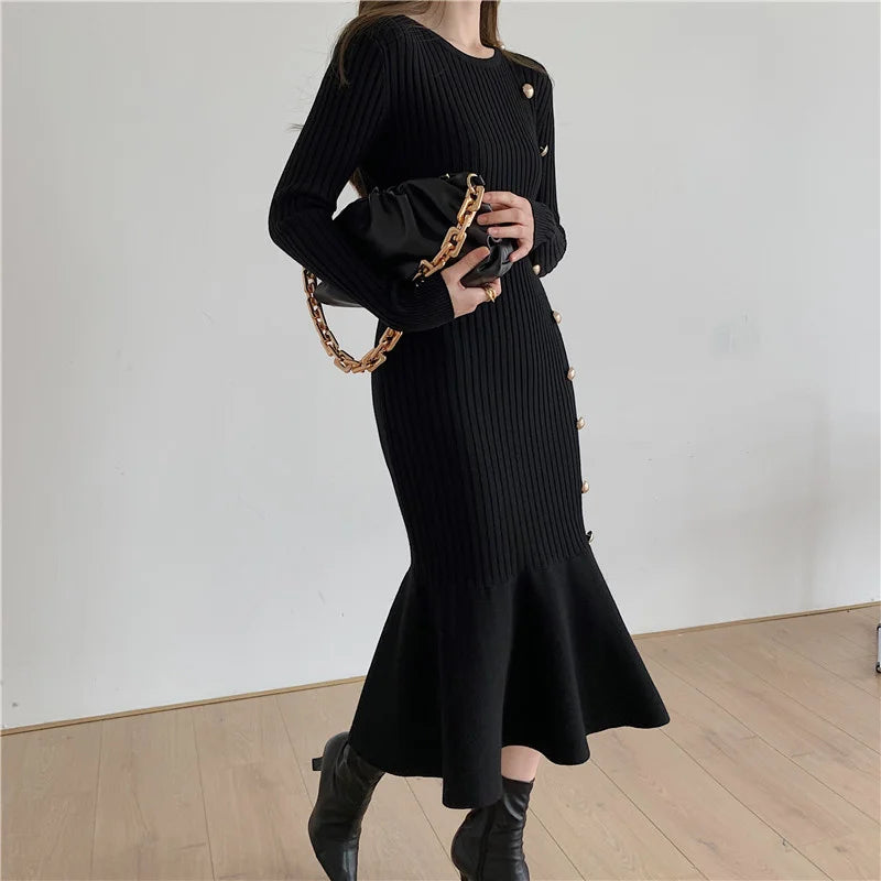 Autumn Warm Korean Fashion Woman Elegant Clothing Knitted Vintage Dresses Sweater Dress Femme Winter Vestido Feminino Thicken - Seprincess