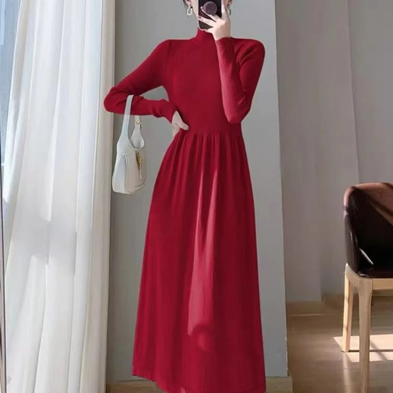 Autumn Winter Fashion Half High Collar Long Sleeve Solid Women's Clothing Waist Retraction Temperament All-match Knitting Dresse - Seprincess