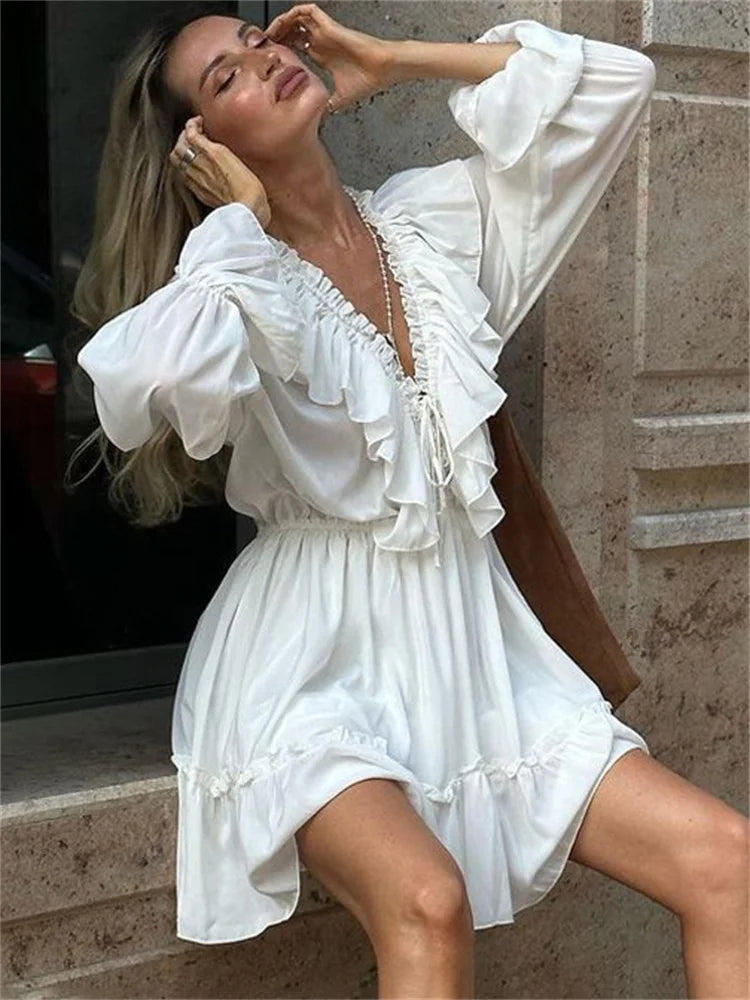 Tossy Ruffled V-Neck White Mini Dress Female Patchwork Long Sleeve Elegant Bandage Fashion Dress High Waist Lace-Up Women Dress - Seprincess