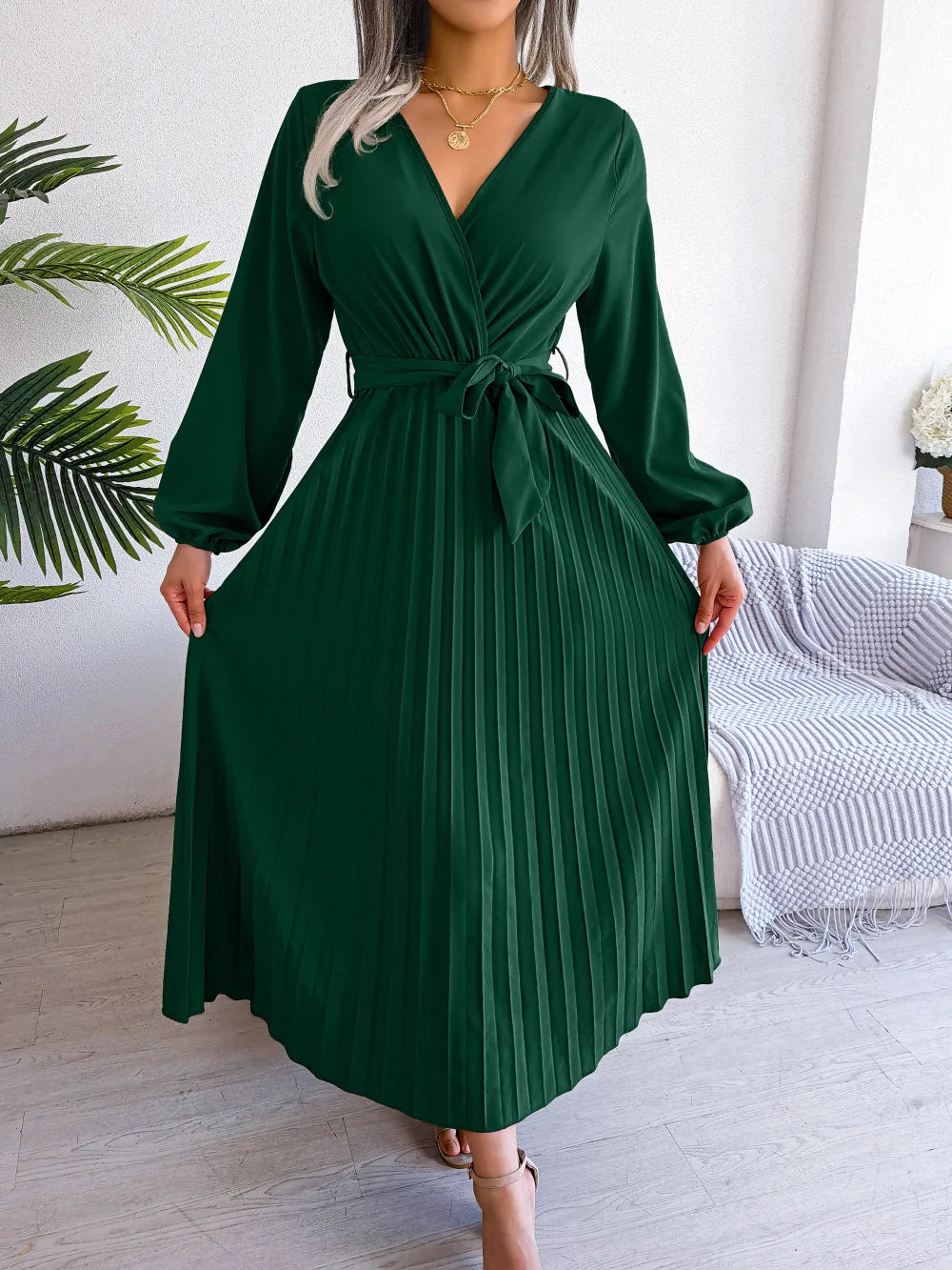 Women Elegant V Neck Long Sleeve Pleated Maxi Dress - Seprincess