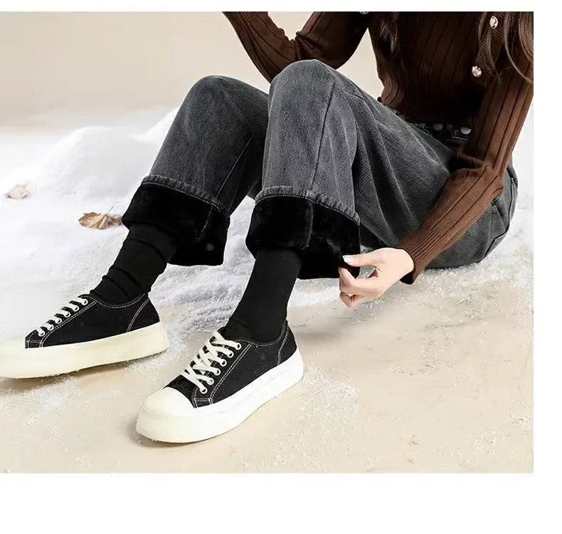 Thickened Fleece-Lined Warm Straight-Leg Jeans Design Adjustable High-Waisted Slimming Bell Bottoms Winter New Arrival