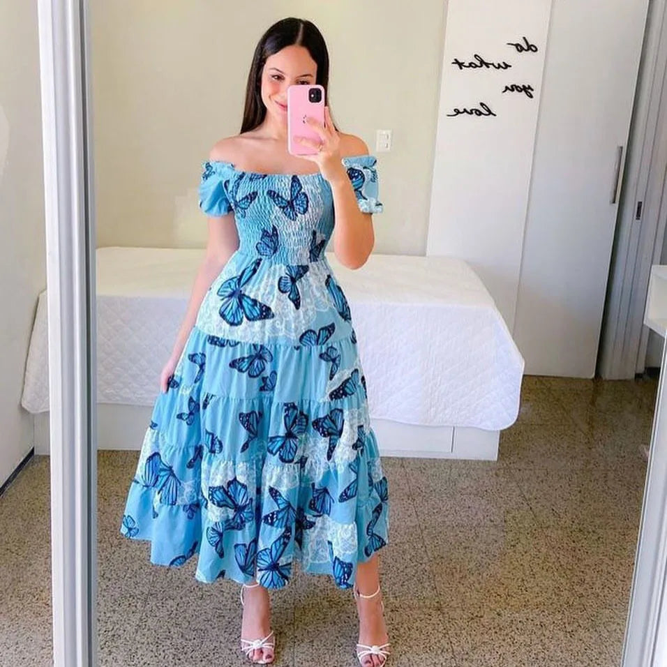 Elegant Women's Off Shoulder Midi Dress 2024 Summer Fashion dresses High Waist Flower Print Short  Sleeve Dress Robe Clothing - Seprincess