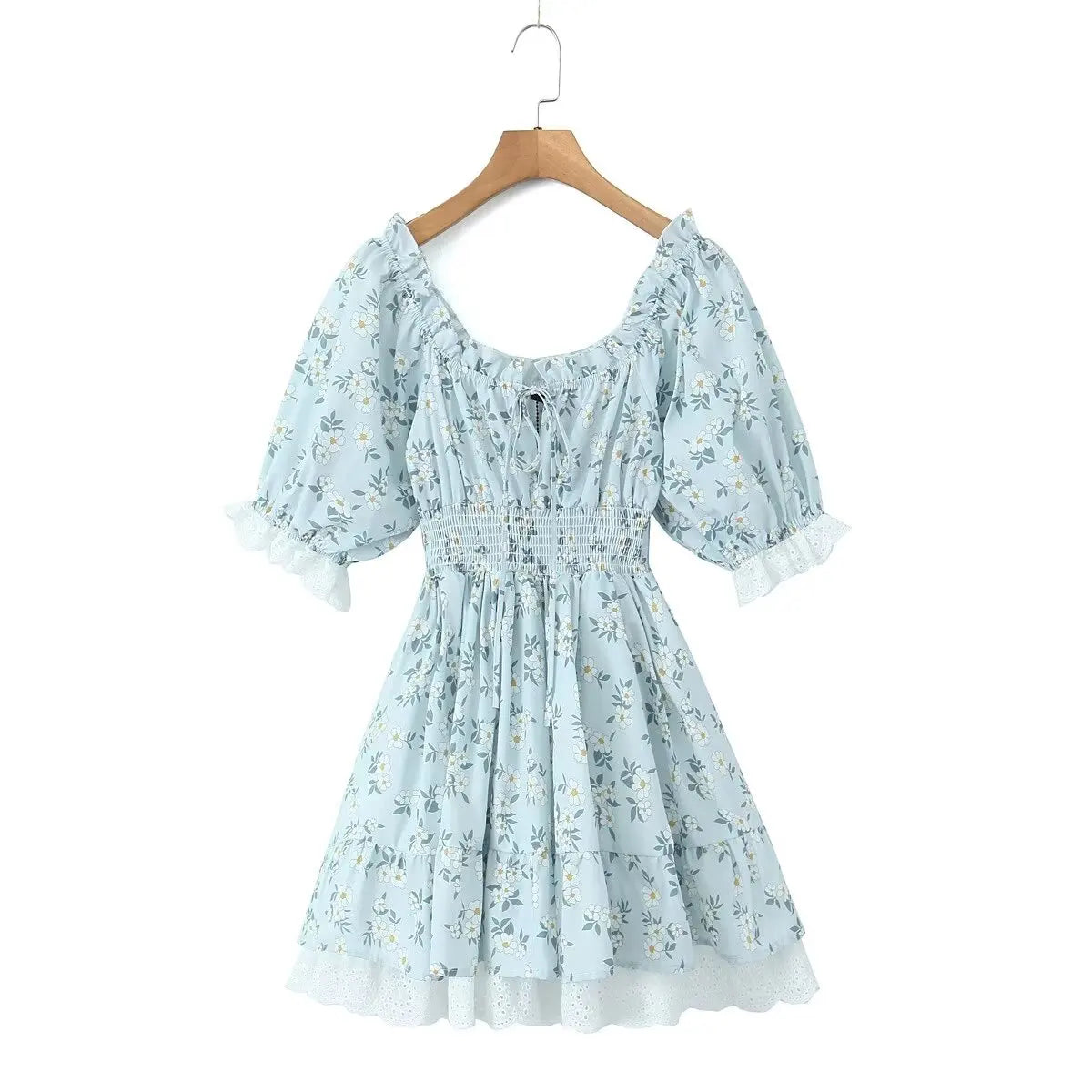 Gypsylady Floral Tiered Ruffles Mini Dress Lace Puff Sleeve Summer Vocation Sexy Lace Up Women Dresses Party Ladies Vestidos New - Seprincess