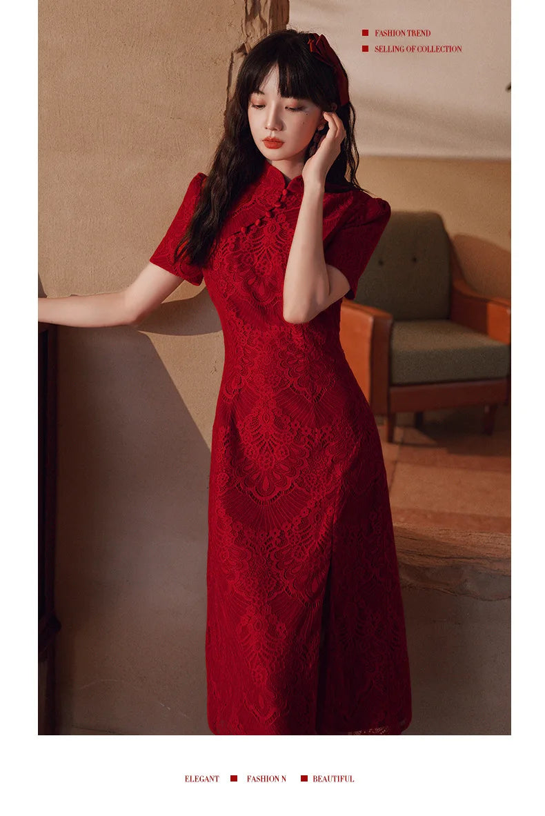 Chinese Style Red Lace Short Sleeve Cheongsam Slim Dress Elegant Traditional Evening Dresses Qipao - Seprincess