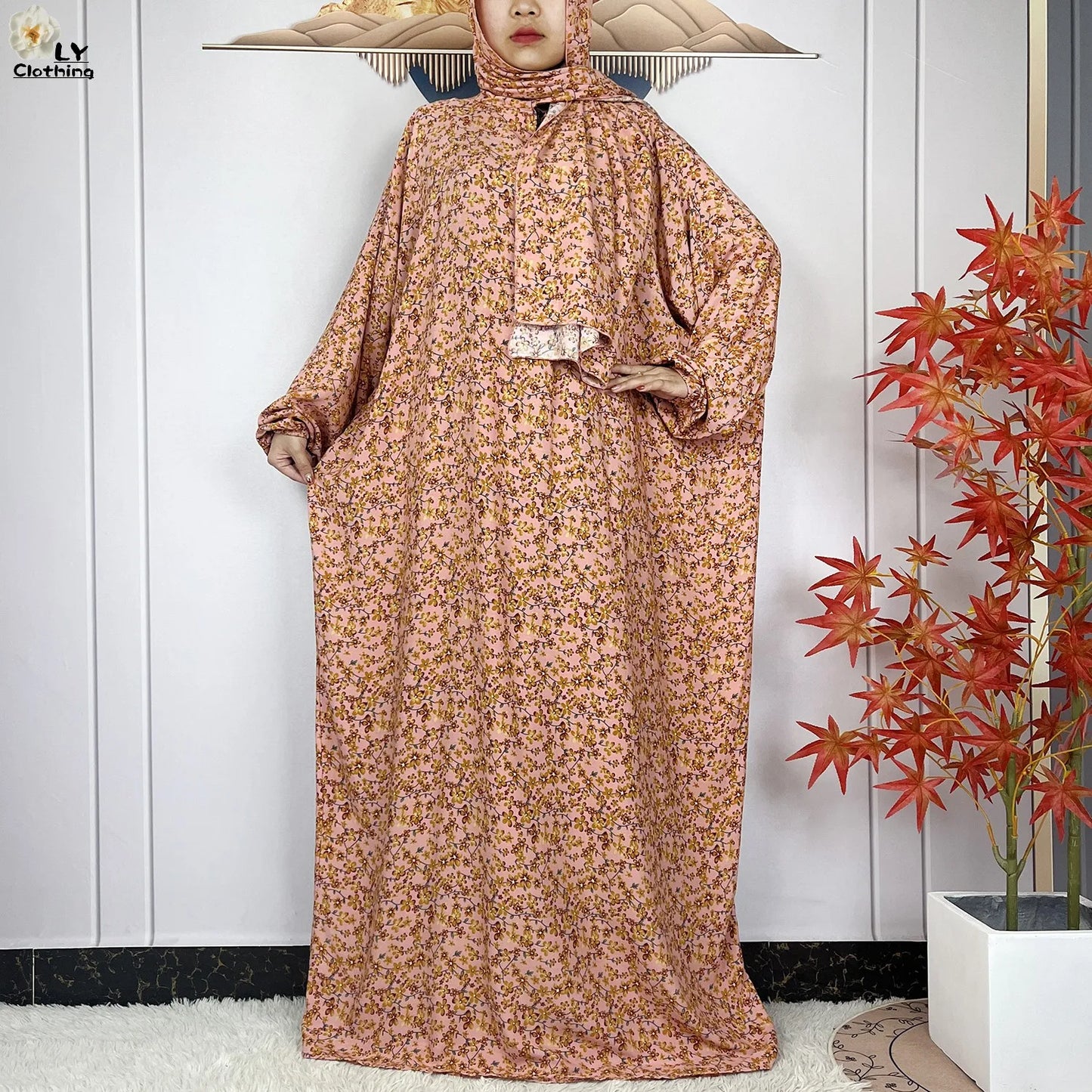 2024Latest Muslim Abayas For Women Ramadan Prayer Maxi Dubai Turkey Femme Cotton Robe Floral Loose African Dress Turban Attached