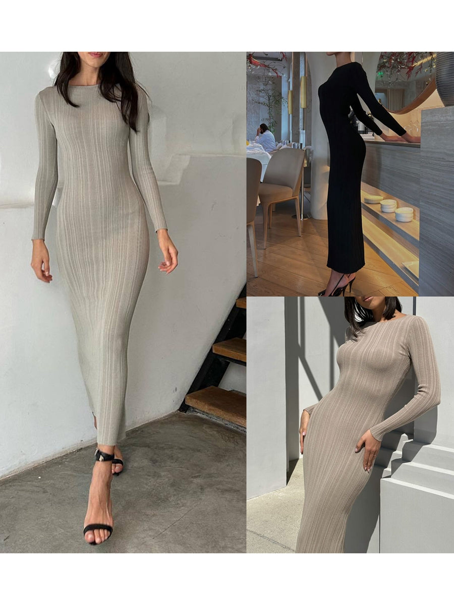 Women Spring Autumn Solid Color Bodycon Knit Dress Long Sleeve Crew Neck Ribbed Dress Slim Fit Long Dress - Seprincess