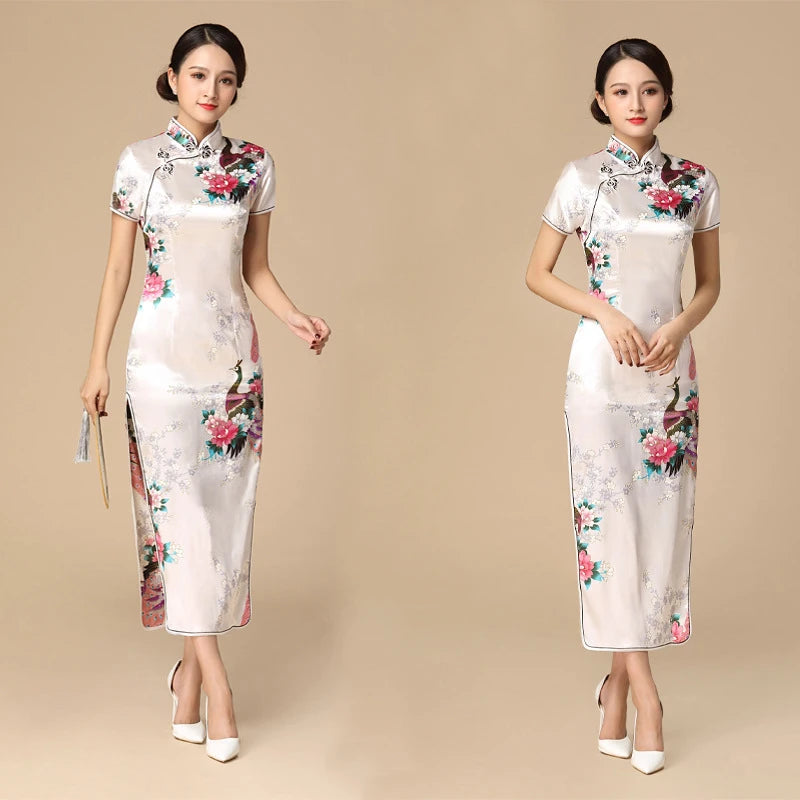 Women Satin Cheongsam Chinese Traditional Mandarin Collar Evening Party Dress Print Peacock Sexy Split Qipao Vestidso - Seprincess