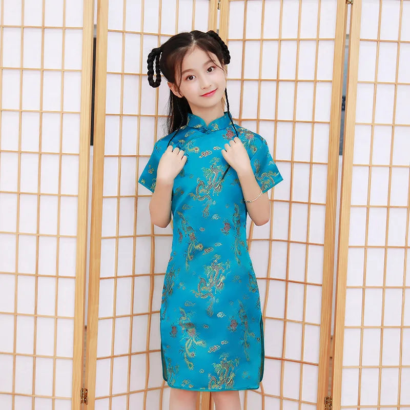 Summer Children Cheongsam Dragon Phoenix Embroidery Qipao Princess Dress Chinese Style Dresses New Year Qipao Gift Tang Clothes - Seprincess