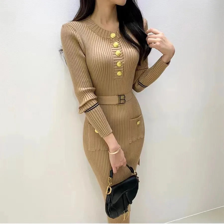 Autumn Winter Women Knitted Dress Brand Fashion O-neck Buttons Bodycon Sweater Dress with Belt Lady Office Dress - Seprincess