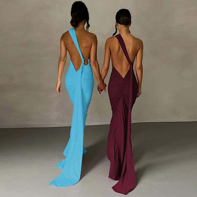 Womens Elegant Evening Party Cocktail Long Dress Sexy Backless Open Back Ruched Slim Bodycon Formal Wedding Guest Maxi Dress