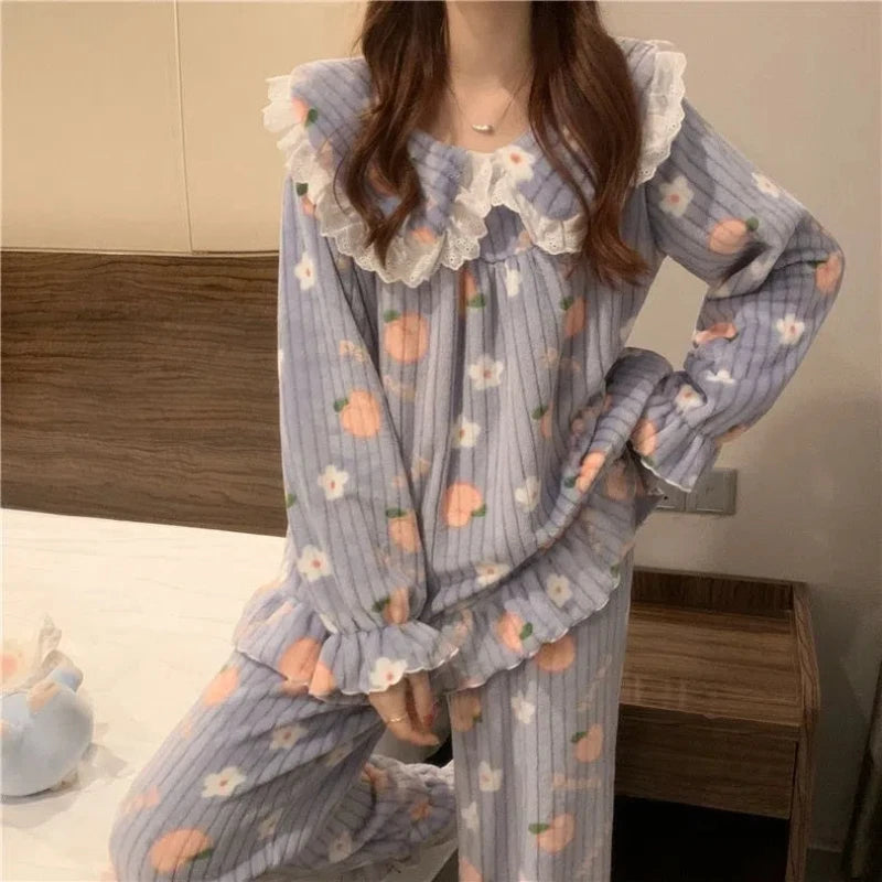 Cartoon Pajama Sets Women Pyjamas Warm Flannel Sleepwear Girl Pijama Set Suit Pant Home Korean Peach Sleep Lace Sleepwear - Seprincess