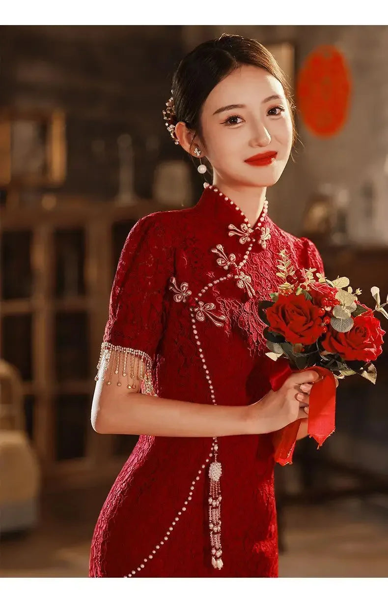 Mermaid Chinese Traditional Dress Red Wedding Bride Toast Clothing Sexy Ladies Cheongsam for Evening Party Woman Vintage Qipao - Seprincess