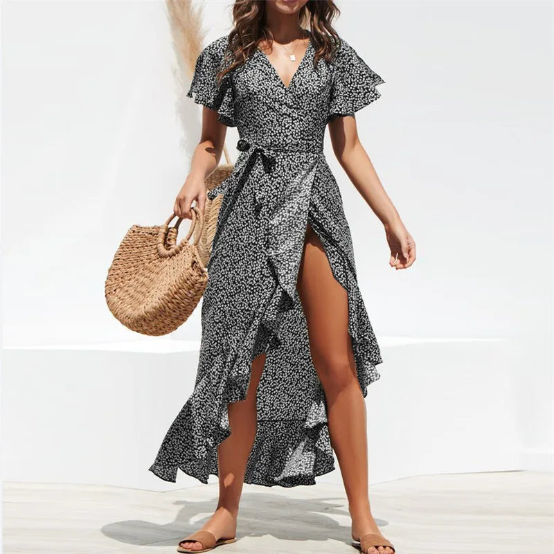 Summer Beach Maxi Dress Women Floral Print Boho Long Chiffon Dress Ruffles Wrap Casual V-Neck Split Sexy Party Dress Robe Femme - Seprincess