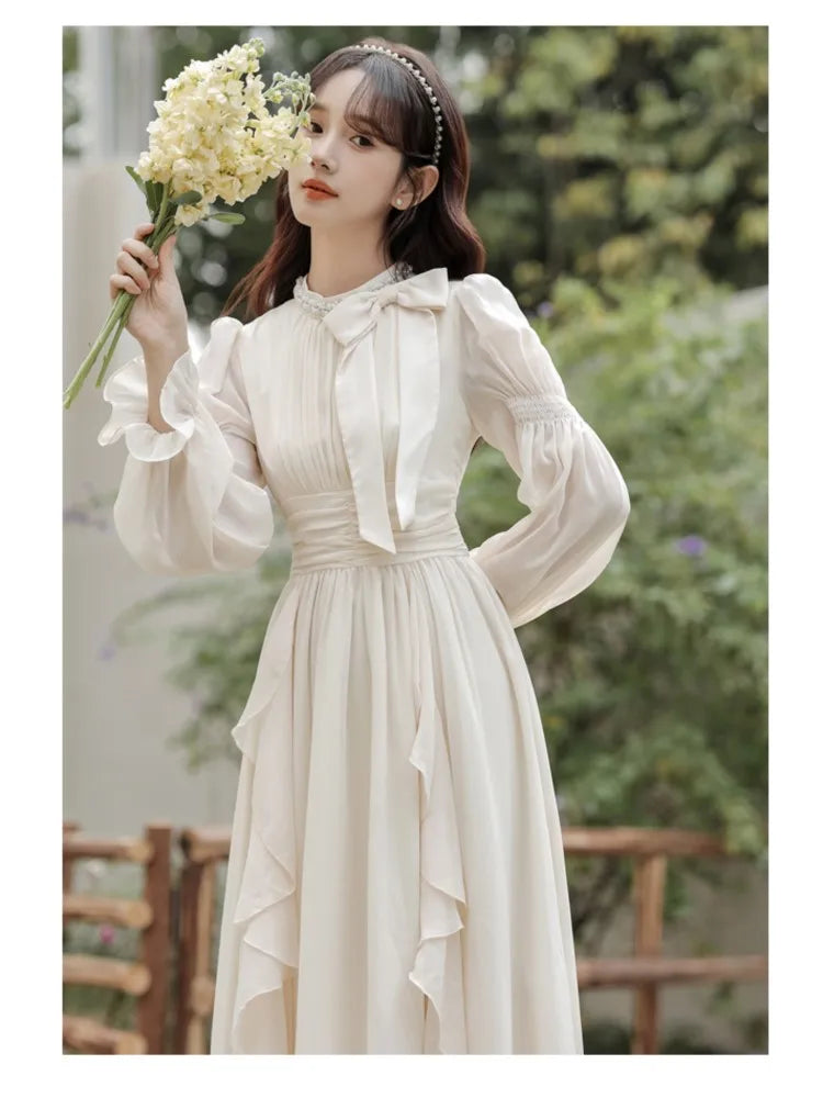 Autumn Chiffon Midi Dresses for Women O-neck Bow Flare Sleeve High Waist Ruffles A-line Princess Party Dress Vestidos Mujer New - Seprincess