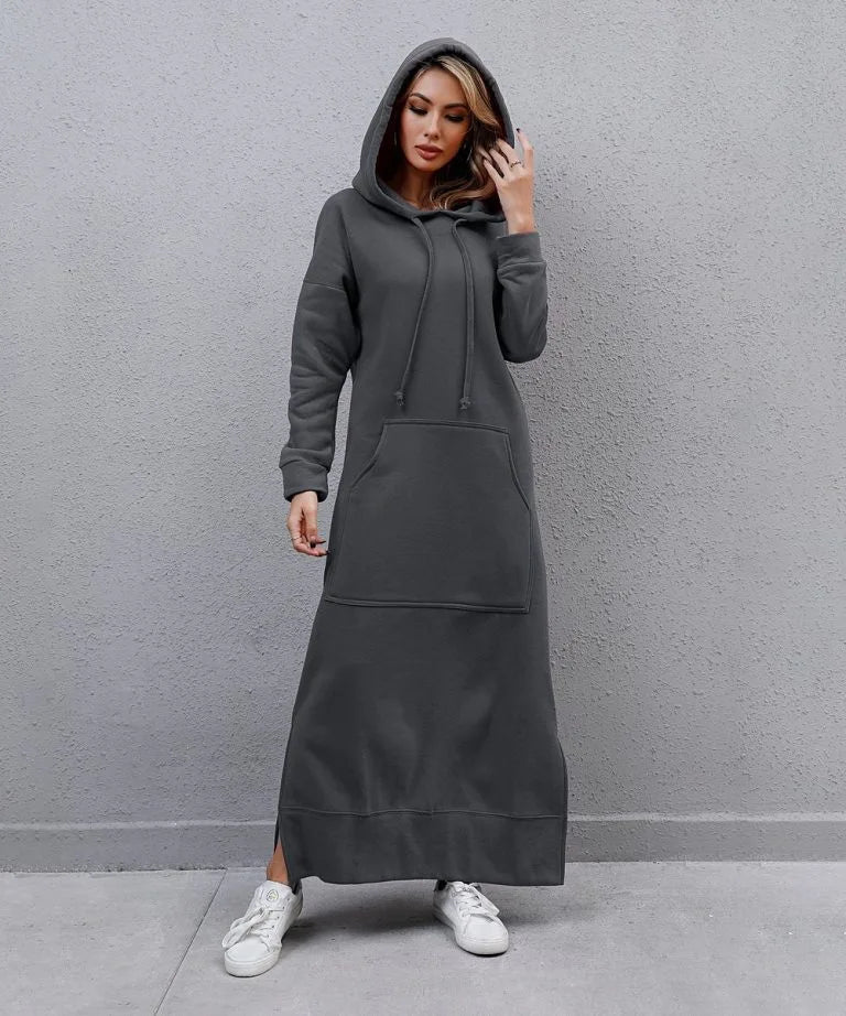 Women Dresses Autumn Winter hoodies Hooded Big Pocket Sweaters Dress Long Sleeved Casual Loose Elegant Office Lady Vestidos - Seprincess