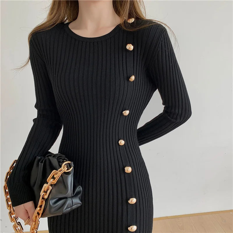 Autumn Warm Korean Fashion Woman Elegant Clothing Knitted Vintage Dresses Sweater Dress Femme Winter Vestido Feminino Thicken - Seprincess