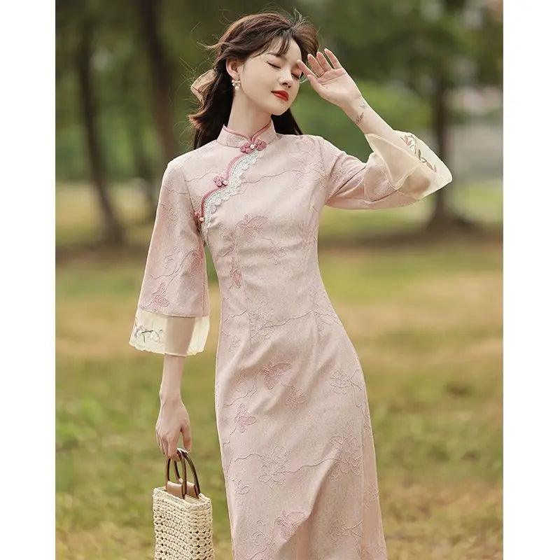 2023 New Pink Cheongsam Embroidery Lace Women Dress Vintage Long Improved Sleeve Chinese Traditional Qipao S To XXL - Seprincess