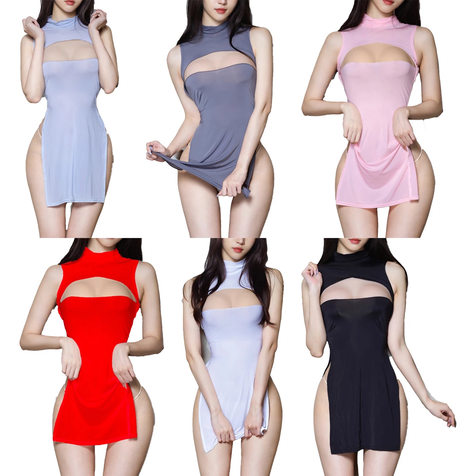 Womens Exotic Bodycon Dress Turtleneck Cutout Split Nightgown Dress High Slit Leg Cheongsam Dress Chemise Club Party Dress - Seprincess