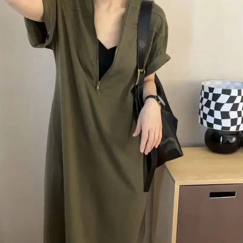 Summer Trendy Textured Oversized Black Casual Hooded Dresses for Women Streetwear Half Zipper Short Sleeve Beach Dress - Seprincess