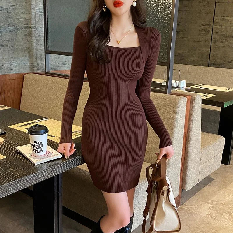 For Fall and Winter Bodycon Bandage Female Knit Evening Dresses White Korean Fashion Black Wrap Woman Knitted Sweater Dress Sexy - Seprincess