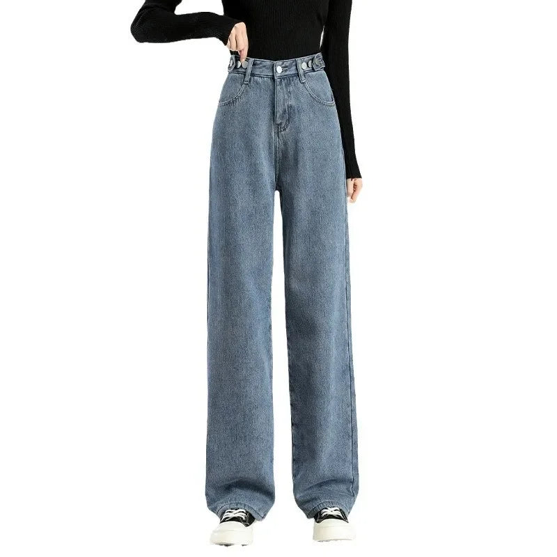 Autumn/winter Deep Color Wide-leg Fleece-lined Warm Jeans Women's Outerwear Slimming Loose-fit Straight-leg Model Pants