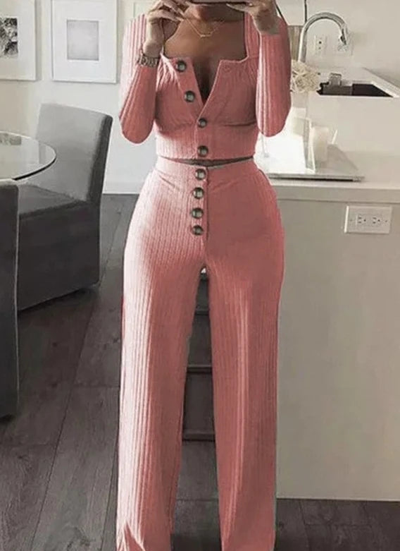 Two Piece Set Women Outfit 2023 Spring Fashion Square Neck Long Sleeve Casual Short Cardigan Top & Buttoned Casual Pants Suit - Seprincess