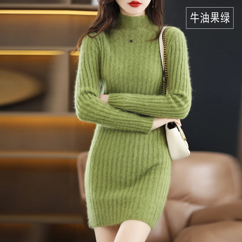 Women's High Collar Winter Warm Long Sleeve Solid Mink Cashmere Korean Version Loose Luxury Soft Cashmere Knitted Fit Dress - Seprincess