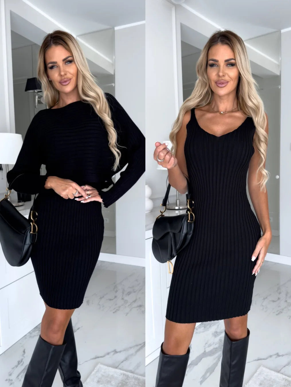 Chic Dress for Woman 2023 Winter Fashion Slim Fit Sexy Solid Two Piece Mid length Women Elegant Knitted Pit Stripe Dress Vestido - Seprincess