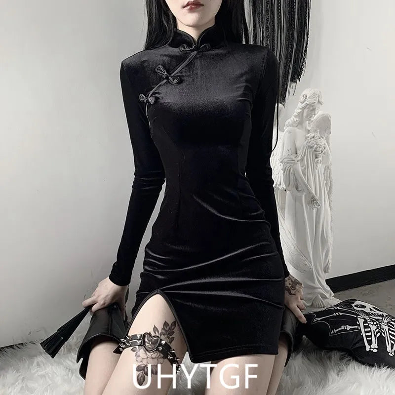 Chinese Style Cheongsam Dress Summer Women's Short Skirt Retro Black High Neck Suede Sexy Vintage cheongsam Dress Female 2985 - Seprincess