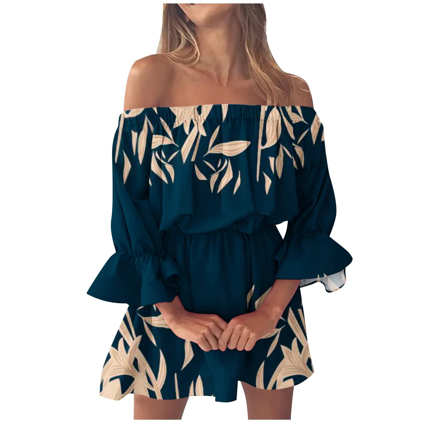 Boho Dresses for Women 2023 Summer Sexy Off Shoulder Floral Print Flare Sleeve Tunic Dress Women Casual Mini Sundress Vestido - Seprincess