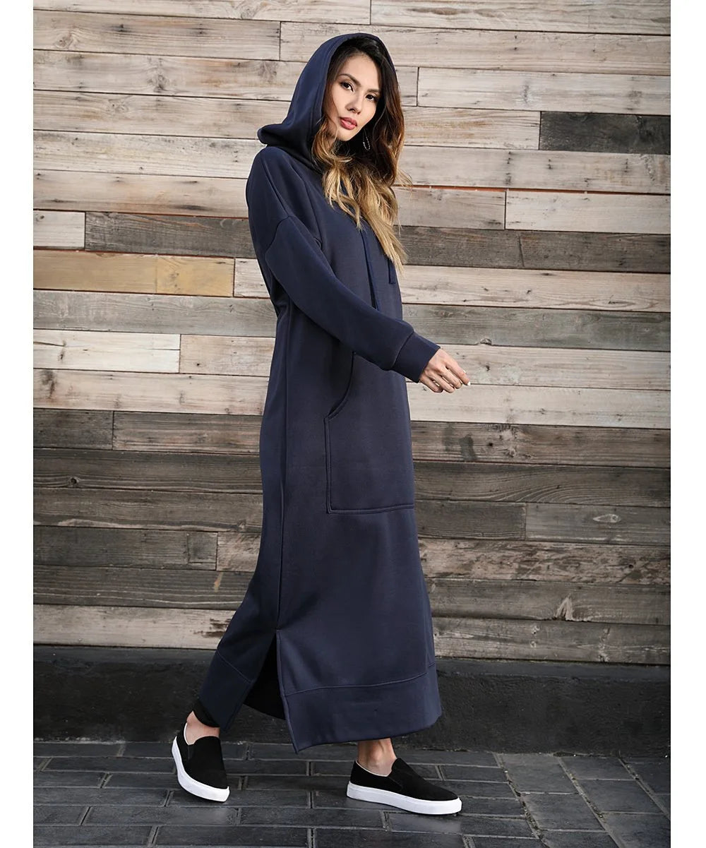 Women Dresses Autumn Winter hoodies Hooded Big Pocket Sweaters Dress Long Sleeved Casual Loose Elegant Office Lady Vestidos