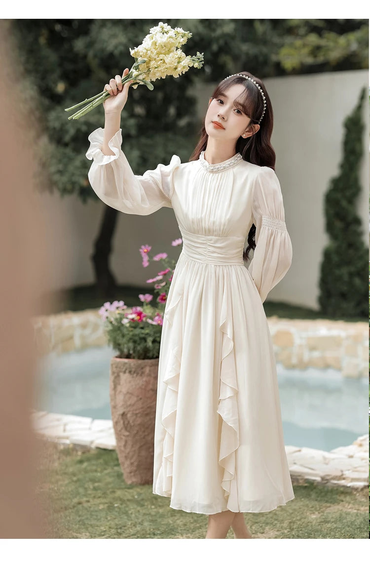 Autumn Chiffon Midi Dresses for Women O-neck Bow Flare Sleeve High Waist Ruffles A-line Princess Party Dress Vestidos Mujer New - Seprincess