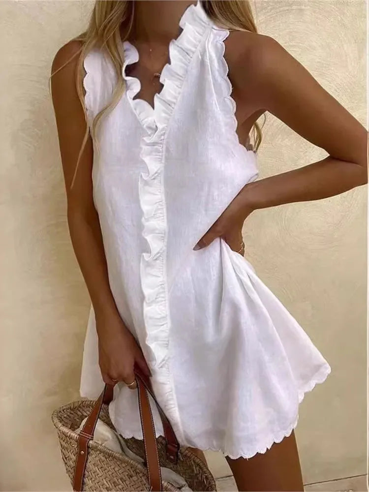 New Women Casual Cotton And Linen White Dress Summer V Neck Ruffles Sleeveless Elegant Boho Beach Party Mini Dresses Female Robe - Seprincess