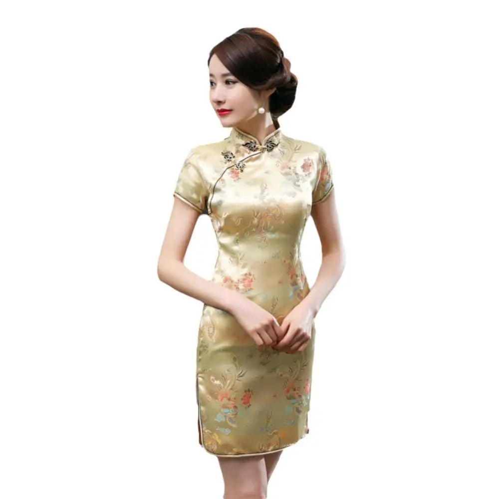 Vintage Summer Short Cheongsam Dress Chinese Dragon Phoenix Embroidery High Neck Slim Vestido Qipao Dresses Split Mini Dress - Seprincess