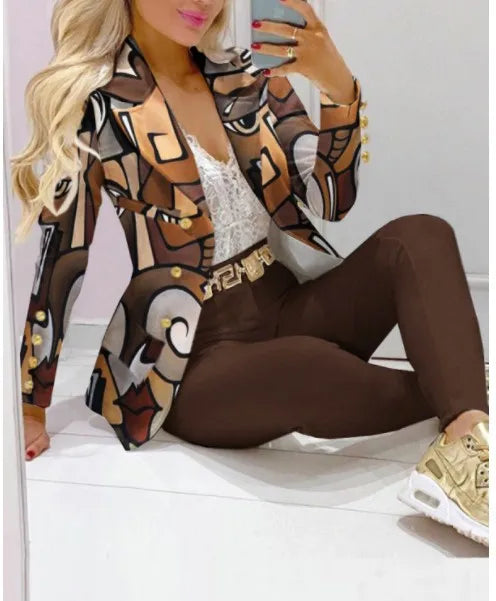 Autumn Winter New Printed Suit Long Sleeve For Women's Suit Fashion Color Matching Slim Elegant Female Office 2 Piece Set 2023 - Seprincess