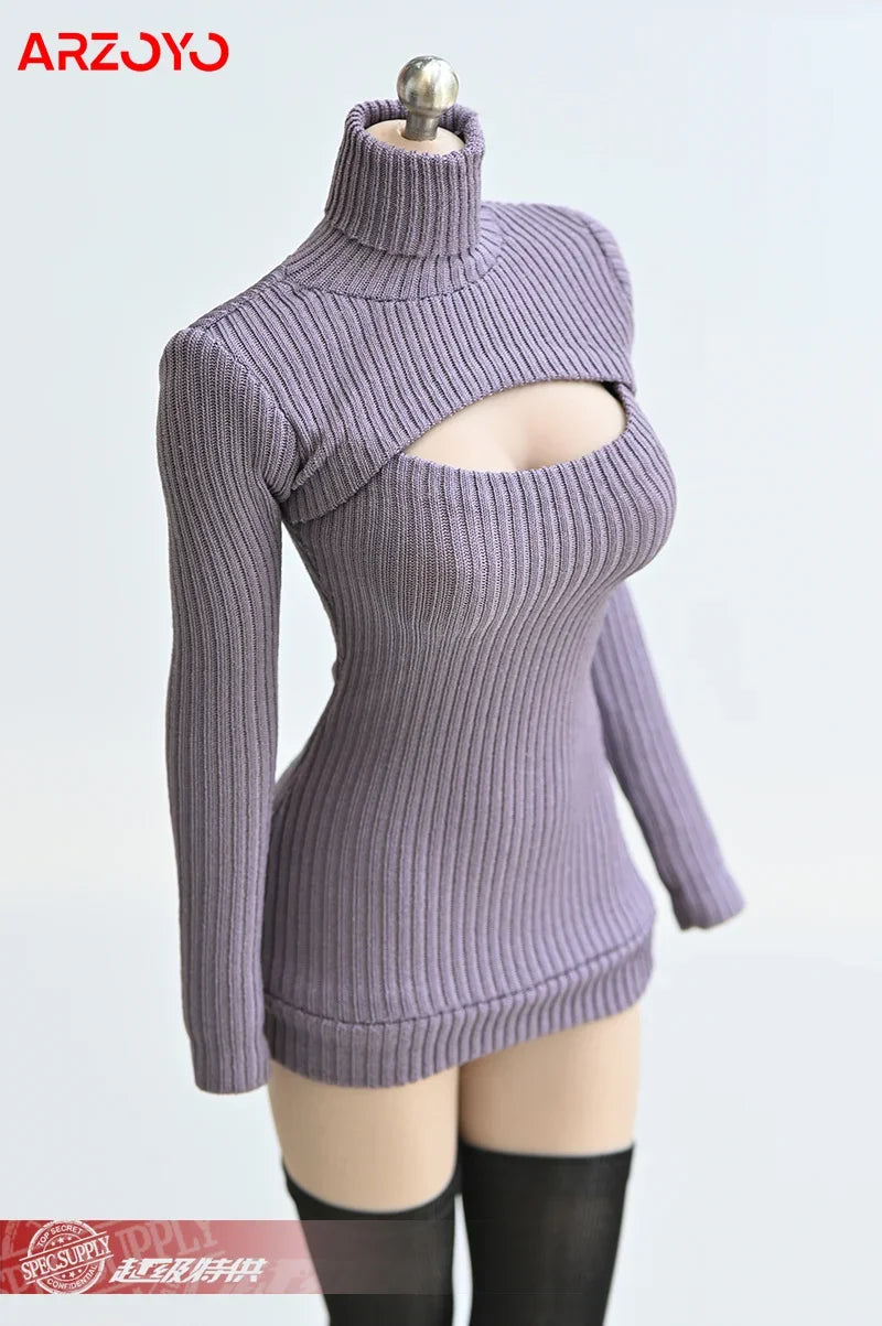 1/6 Female Soldier Sweater Slim Elastic High Neck Knit Pullover Sexy Open Chest Tops Mini Sweater Dress for 12" Action Figure - Seprincess