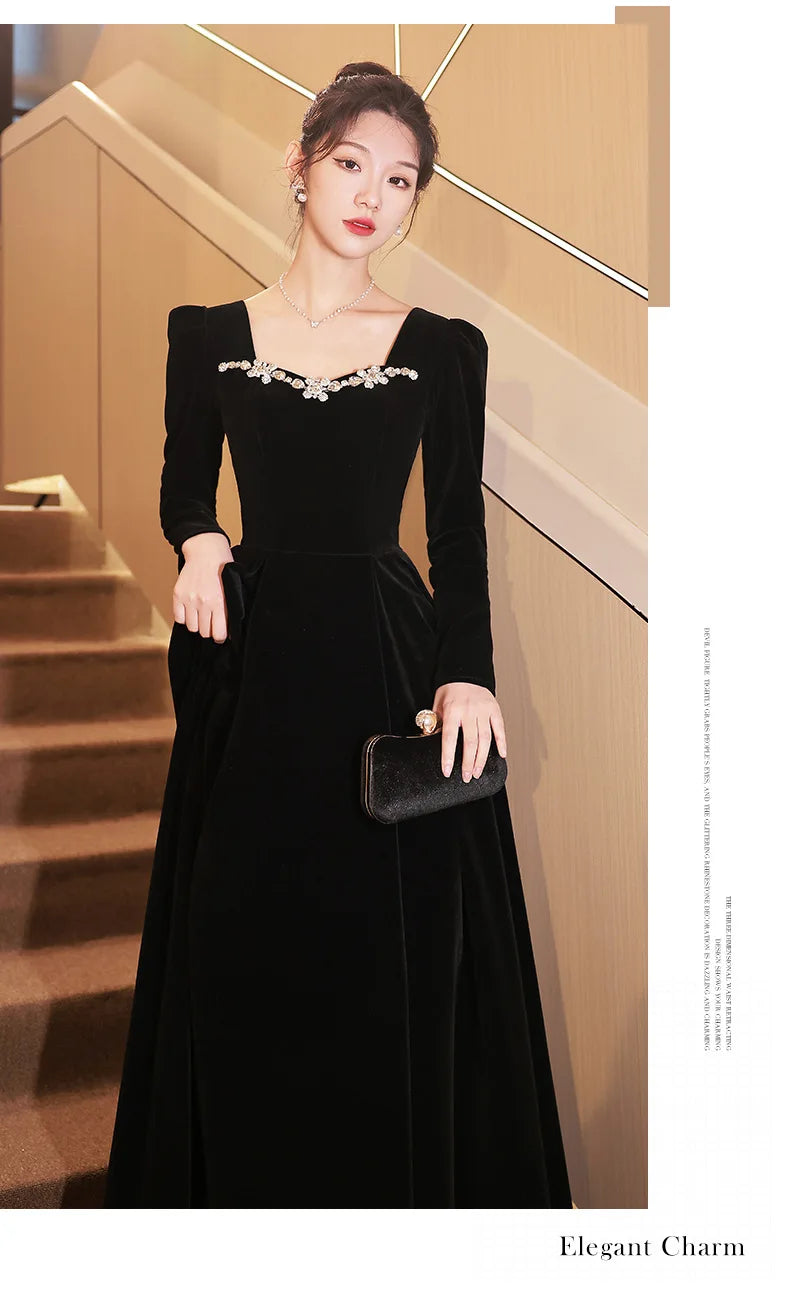 Autumn Winter Black Evening Dress Women Elegant  Luxury Velvet Long Sleeve A-line Party Dresses French Beadding Prom Gown - Seprincess