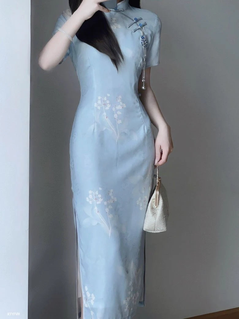 2024 Summer Cheongsam Improved Elegant Qipao Daily Slim Fit Blue Gentle Comfortable Qipao Long Vintage Dress - Seprincess