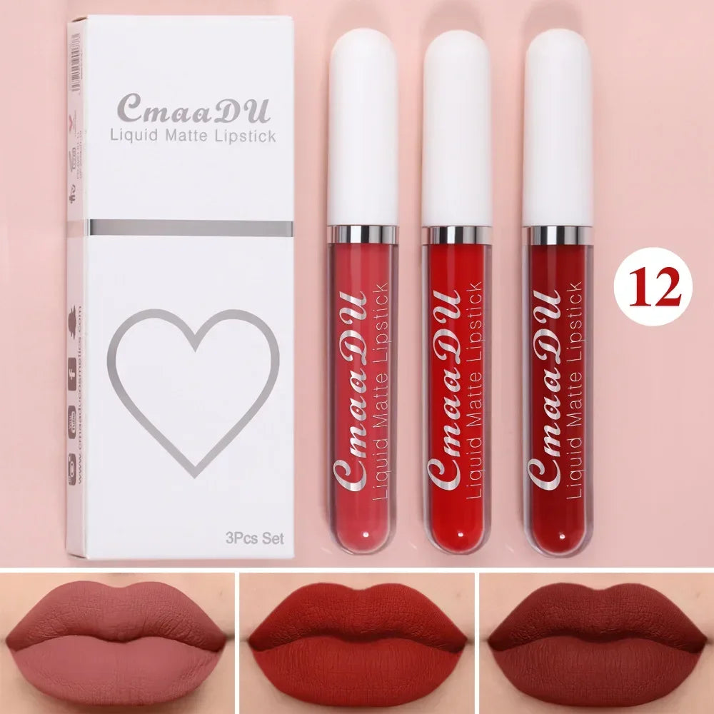 3Pcs/Set Waterproof Matte Nude Lip Gloss Brown Nude Pigment Dark Red Long Lasting Velvet Liquid Lipstick Women Makeup Lip Glaze