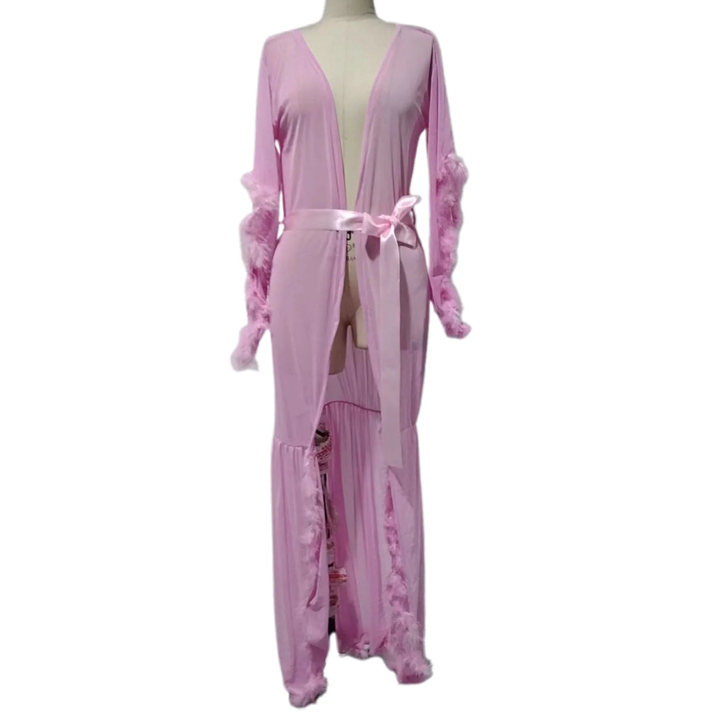 Bathrobe for Women Flare Sleeves Feather Bridal Robe Nightgown Silk Illusion Long Wedding Scarf Dressing Gown Photography Dress - Seprincess