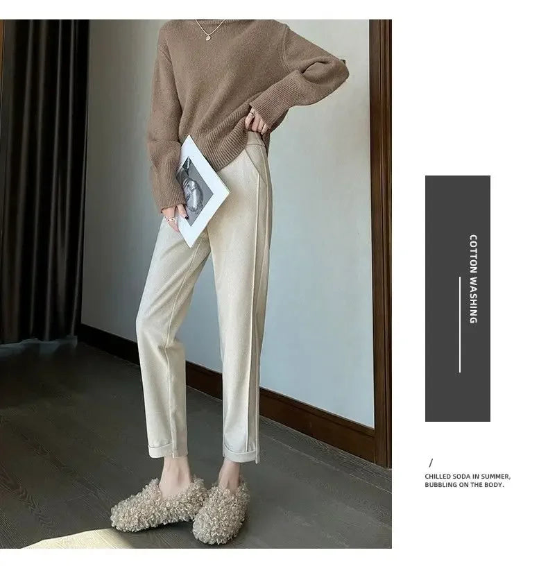 Winter Woolen Pants for Women Thicken Warm Ankle-Length Harem Pants Office Lady Khaki Elastic Waist Fashion Women's Trousers