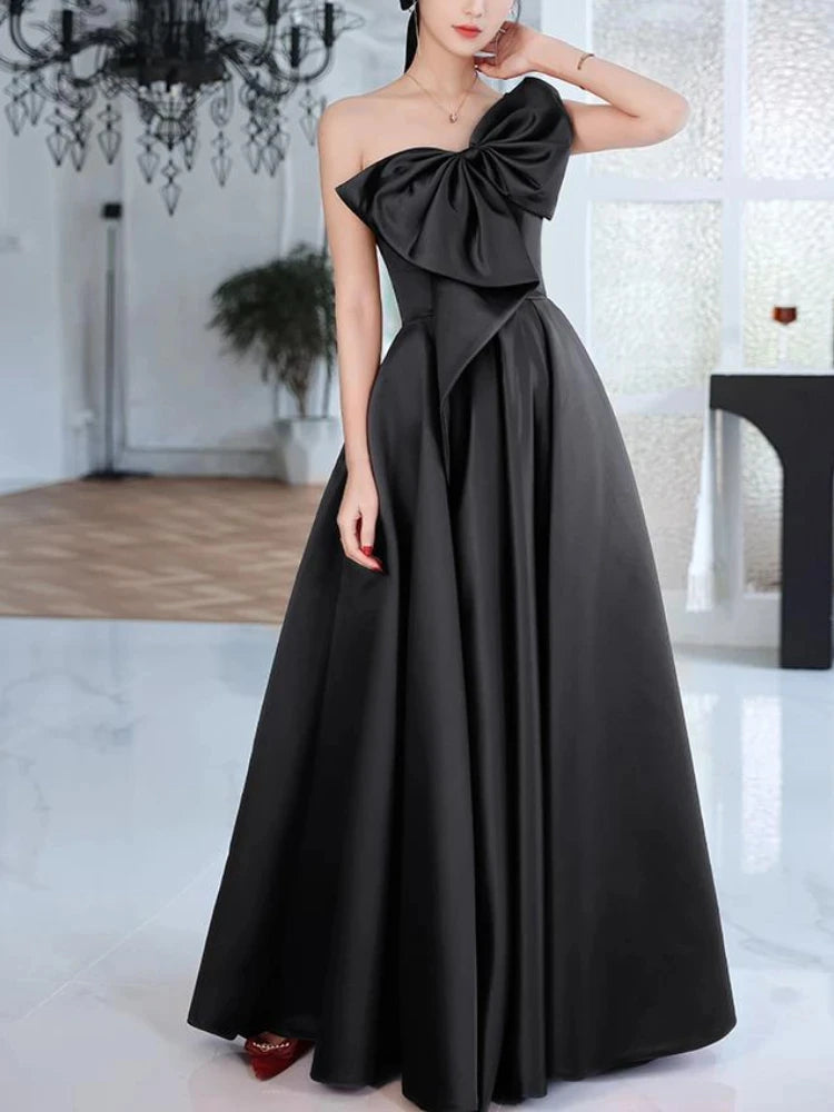 Elegant Temperament Prom Vestidos Bow Draped One-shoulder Strapless Cross Lace Up Graduation Dress Trendy Party Evening Dresses - Seprincess